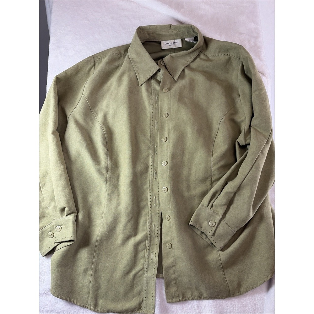 Lemon‎ Grass button up Jacket/shirt 1X Faux Suede Olive Classic Chic Y2K Career